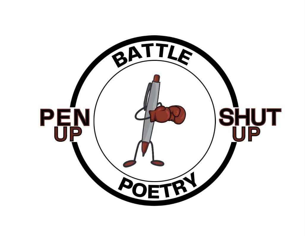 Pen Up or Shut Up Battle Poetry logo: a pen wearing a boxing glove inside a ring