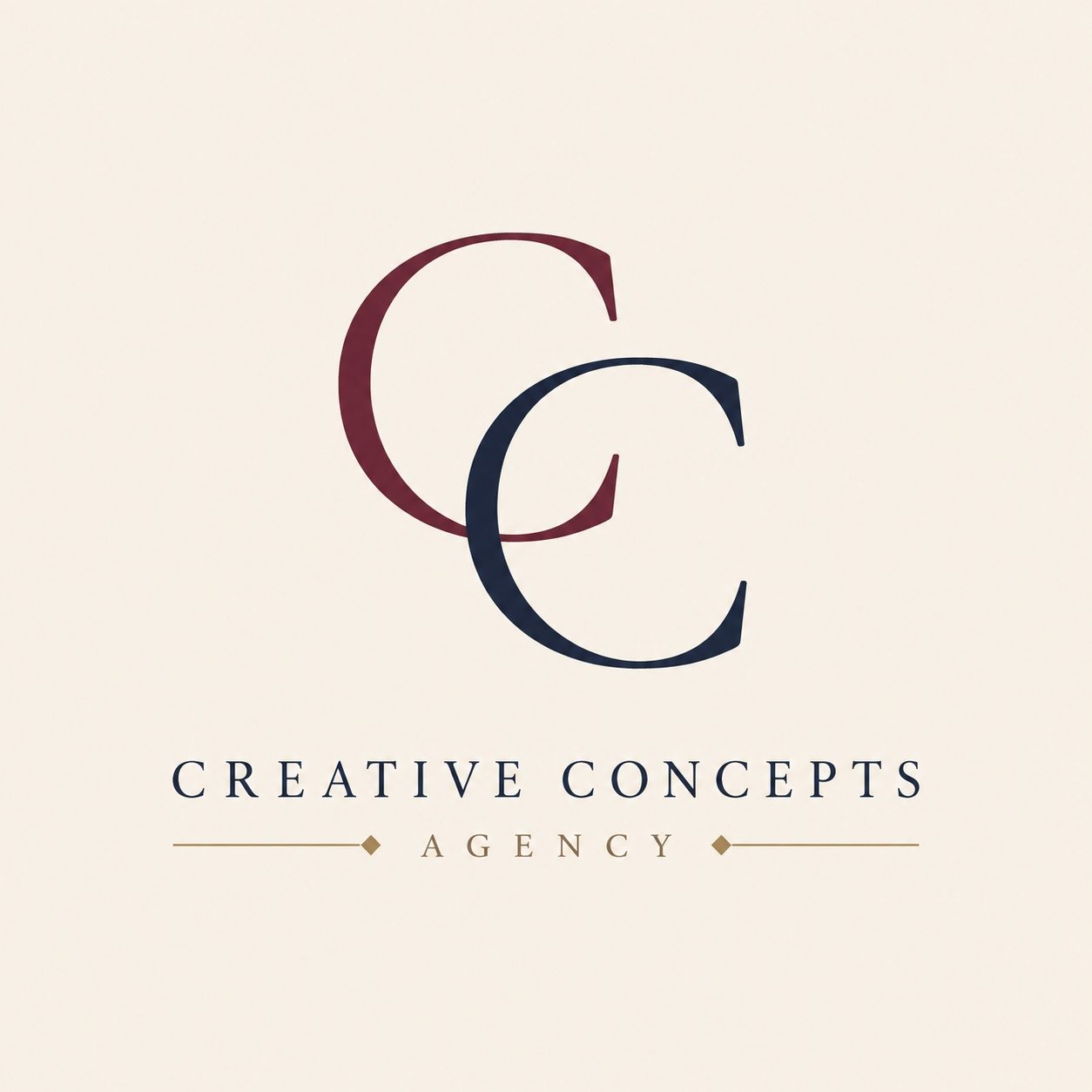 Creative Concepts Agency logo, two interlocking letter C monograms in burgundy and navy on cream