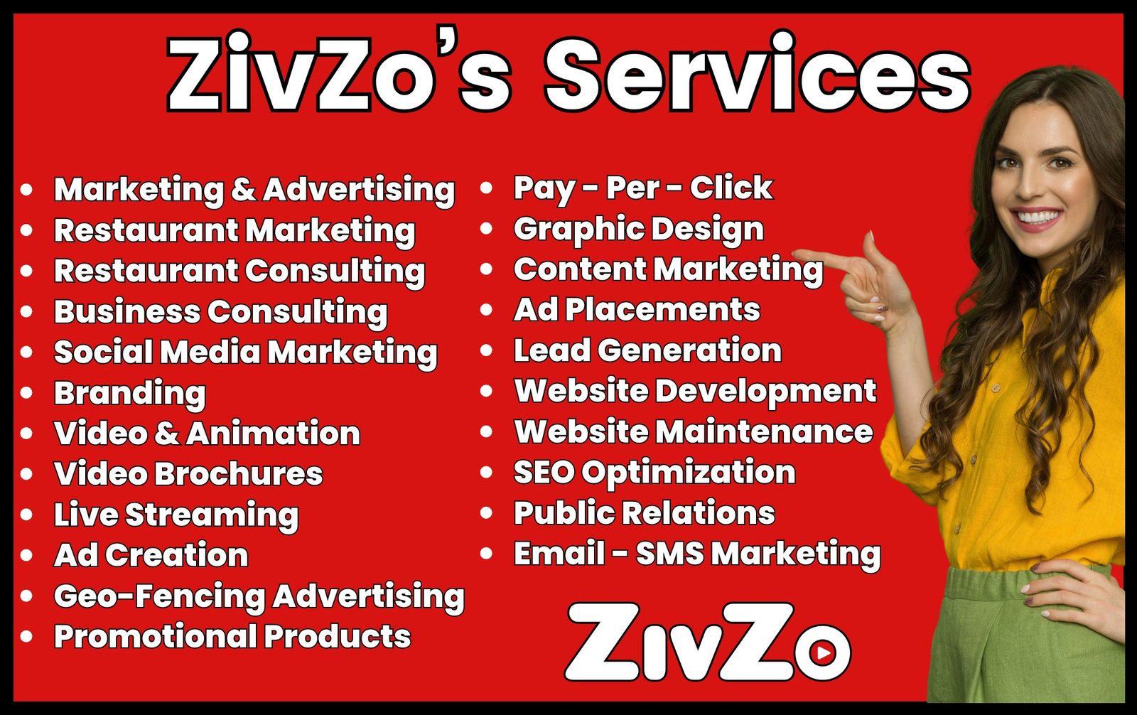 ZivZo's Services poster listing marketing, consulting, branding, video, SEO, PR and web development services