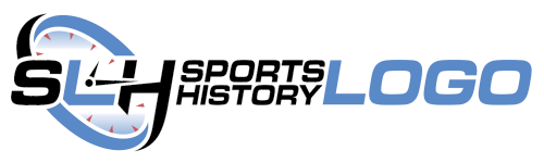 Sports Logo History logo: SLH lettering over a blue swoosh beside the words Sports History Logo