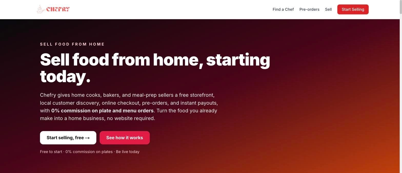 The Chefry homepage headline Sell food from home, starting today, offering a free storefront with zero commission on plate and menu orders
