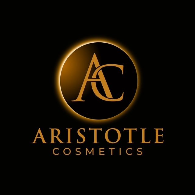Aristotle Cosmetics logo, a gold AC monogram in a glowing circle on black