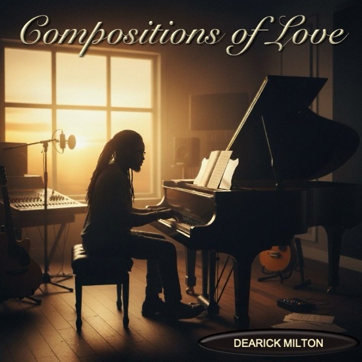 Cover art for Compositions of Love by Dearick Milton: a silhouetted pianist at a grand piano by a sunlit window