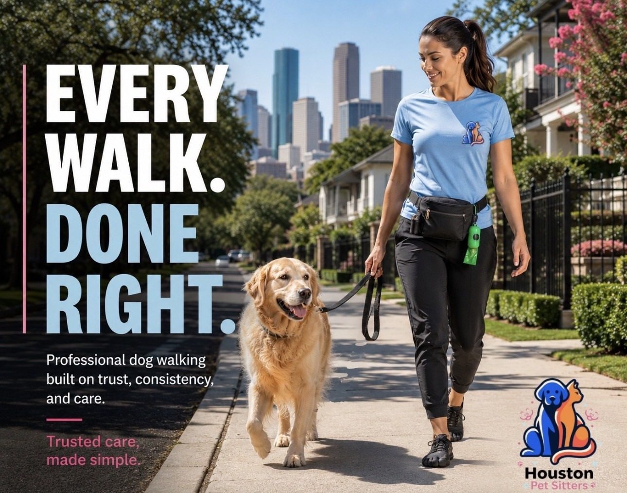 Houston Pet Sitters dog walking poster: Every walk. Done right.