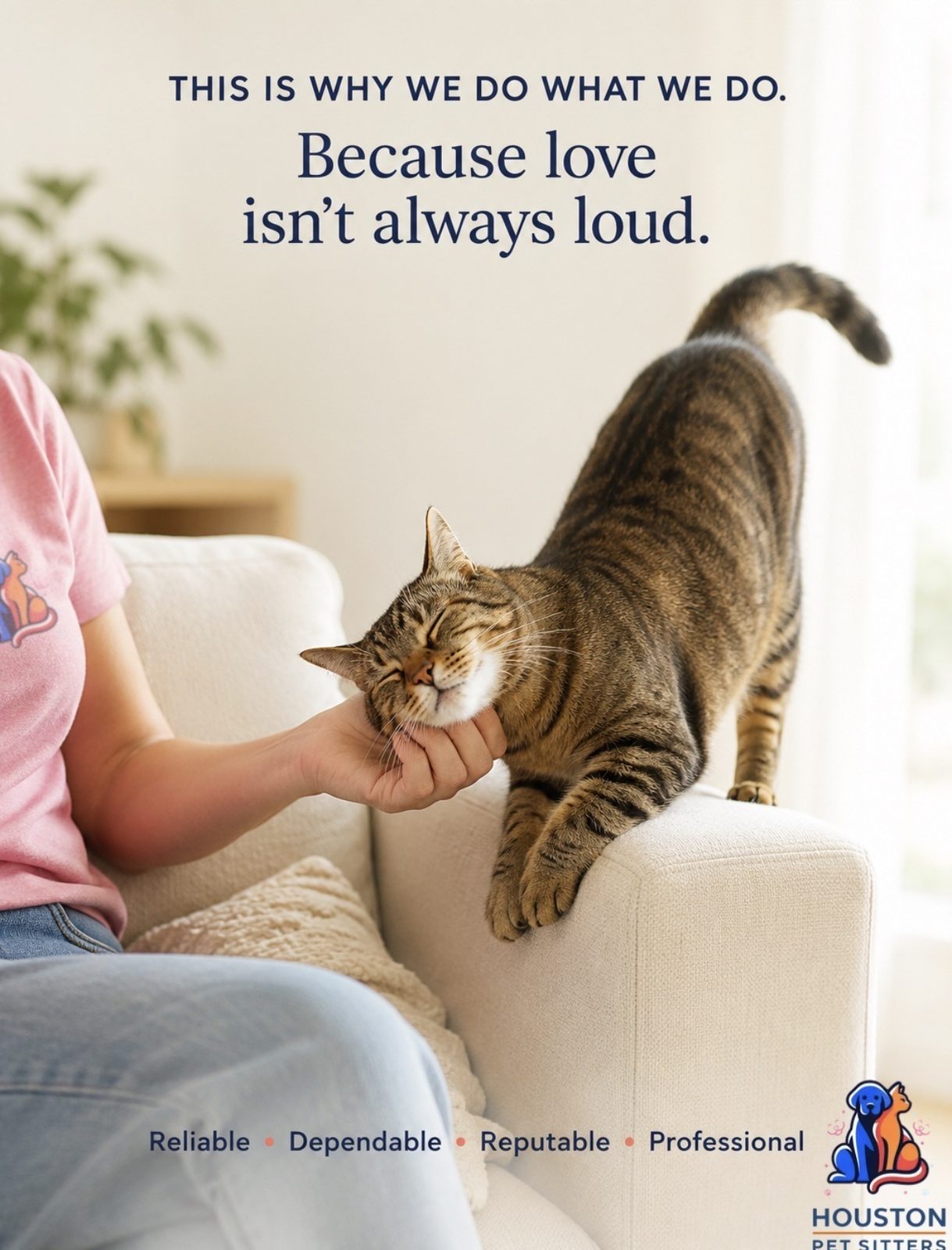 Houston Pet Sitters poster of a cat being petted: Because love isn't always loud.
