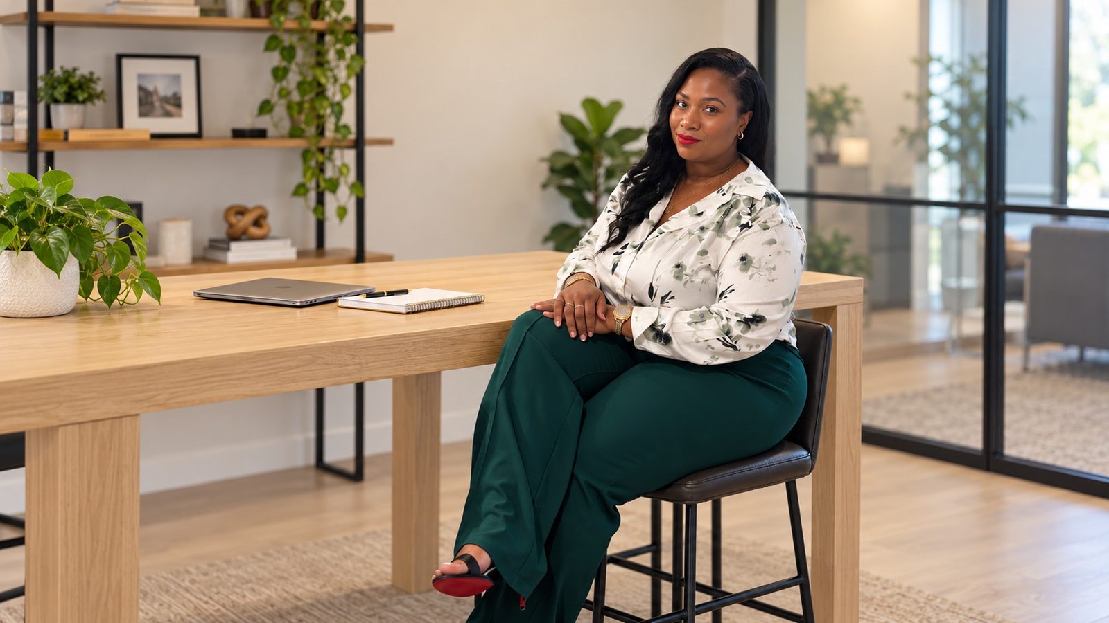 Ebony Vick seated at a long wooden desk with a laptop and notebook