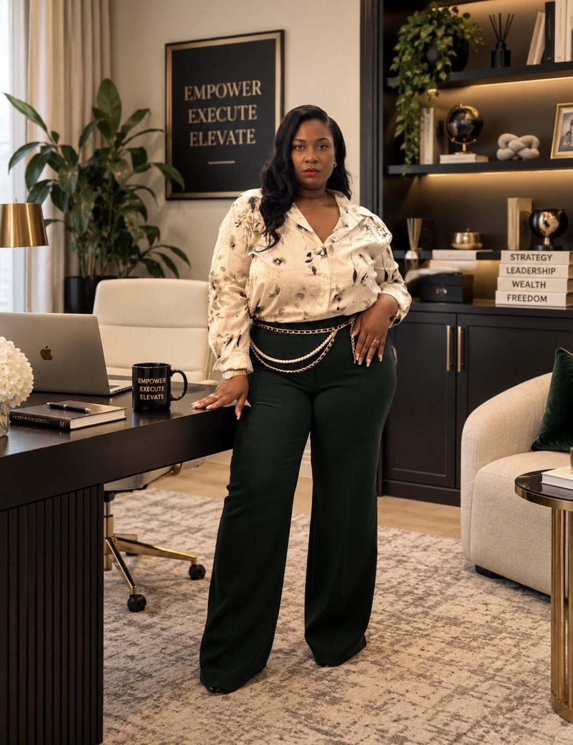 Ebony Vick in a white jumpsuit beside a console table and lamp