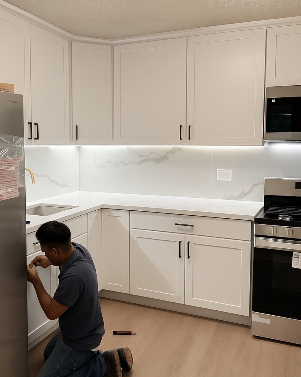 A Mega Group crew member fitting hardware in a newly renovated white shaker kitchen with marble-look backsplash and stainless appliances