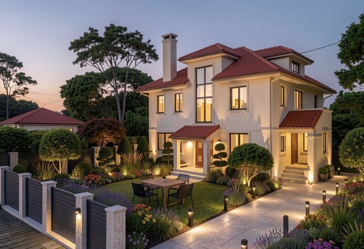 Exterior design concept of a two-storey home with a red tile roof, landscaped garden and path lighting at dusk