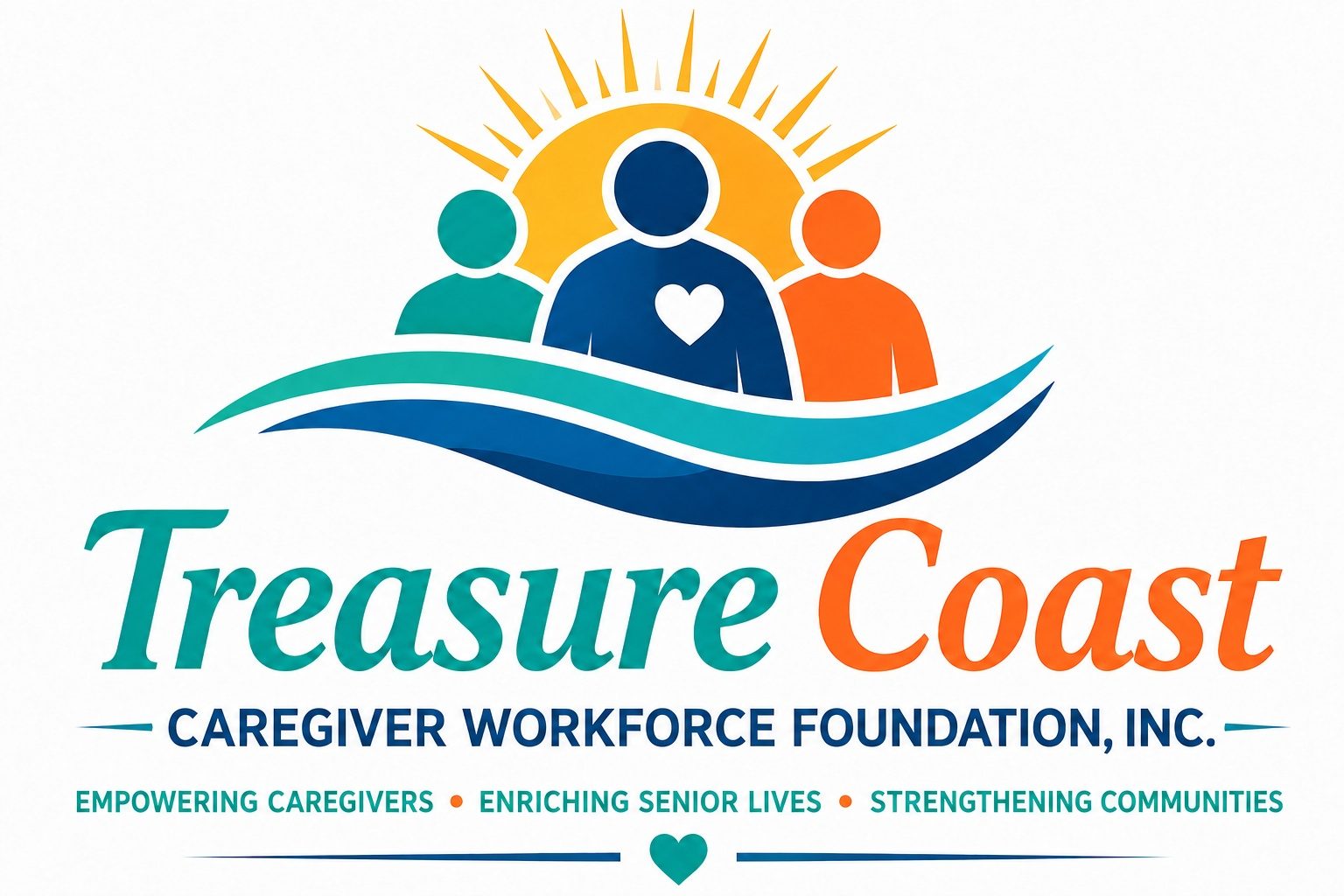 Treasure Coast Caregiver Workforce Foundation Inc. logo: three figures in front of a rising sun above a blue wave
