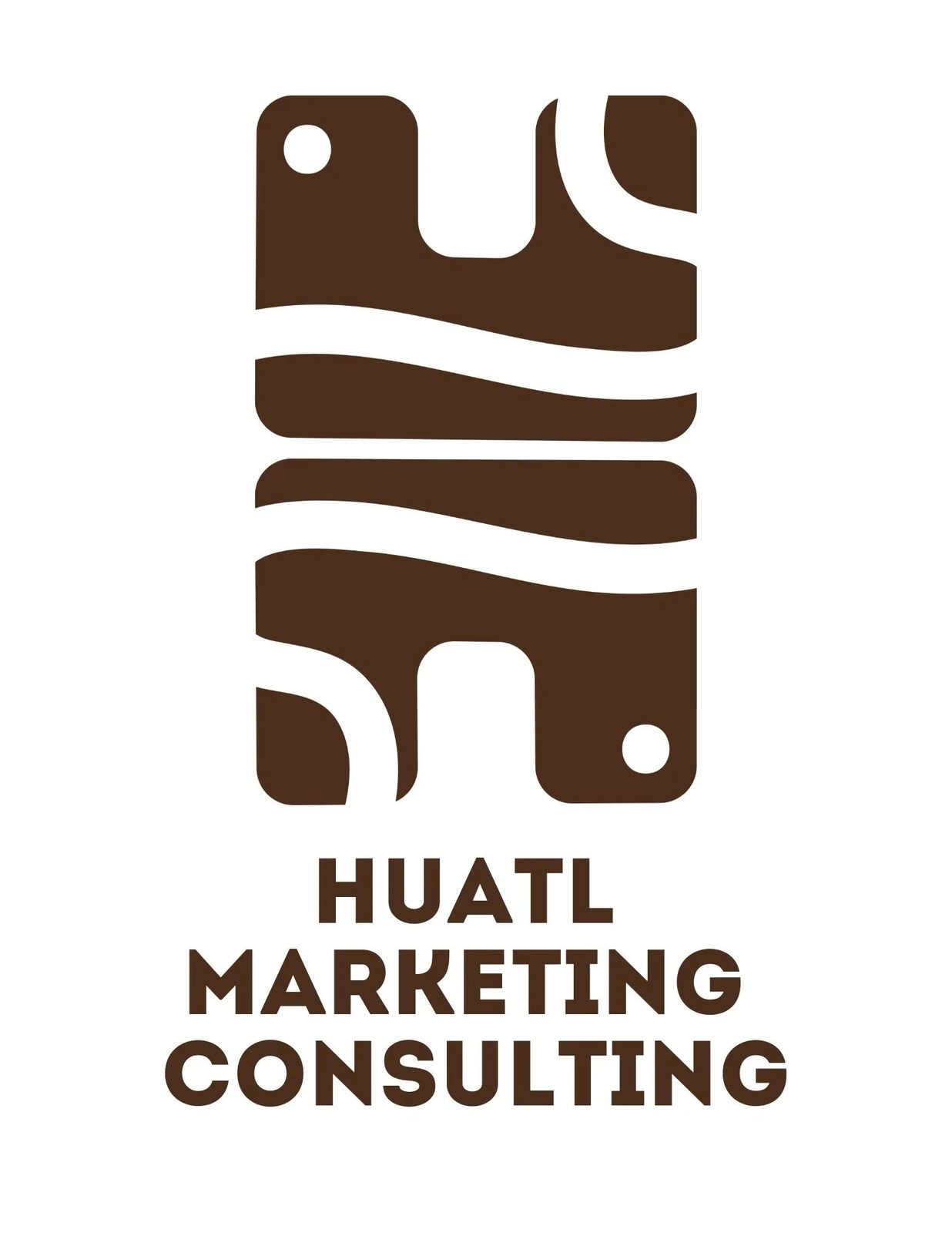 Logo featuring abstract brown design with the text "HUATL MARKETING CONSULTING" underneath.