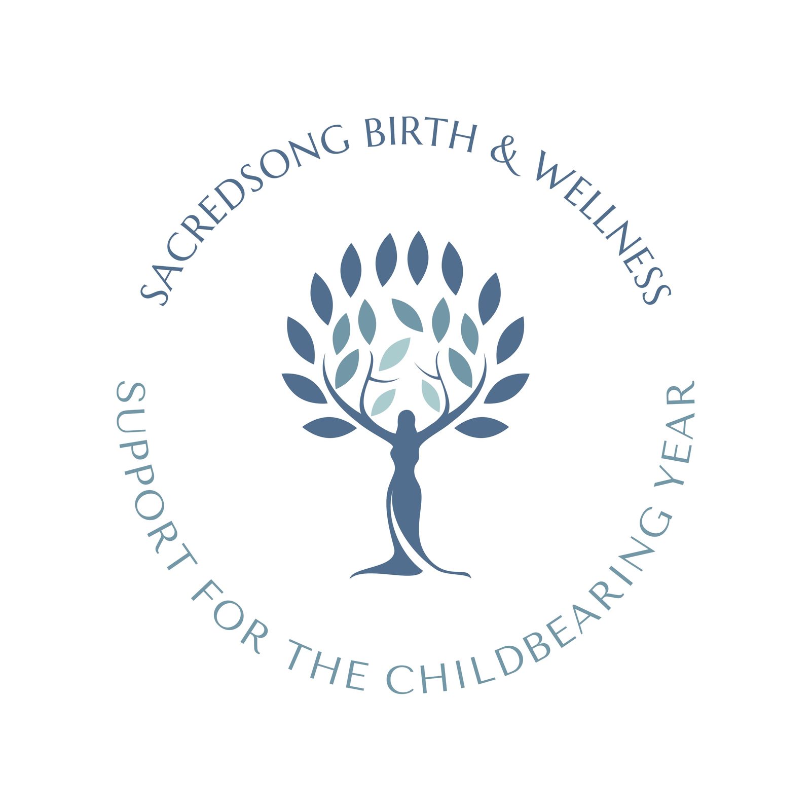 Sacredsong Birth & Wellness logo, a tree of leaves above a woman figure, support for the childbearing year