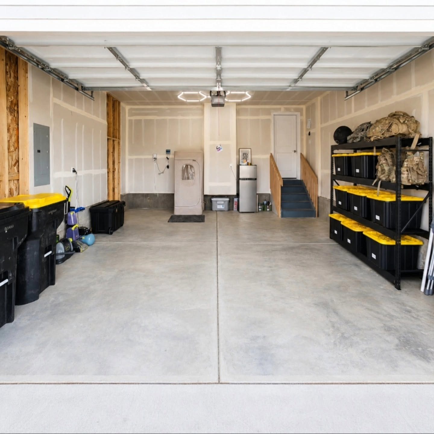 A garage organized by Grace to Organize, with labeled bins on steel shelving and a clear floor