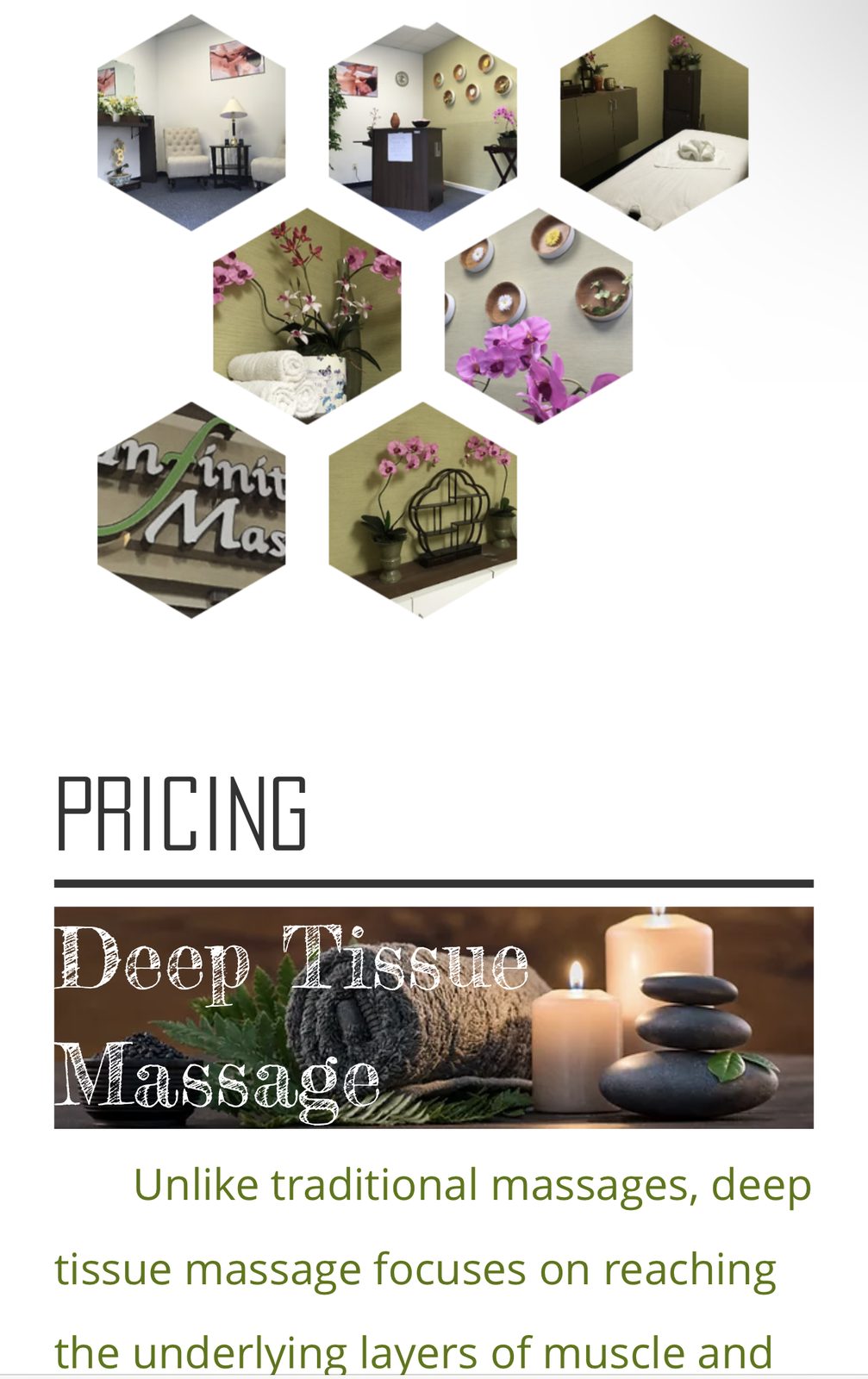 A look inside the Infinity Massage studio: treatment rooms, orchids and the signage, with the deep tissue massage pricing section