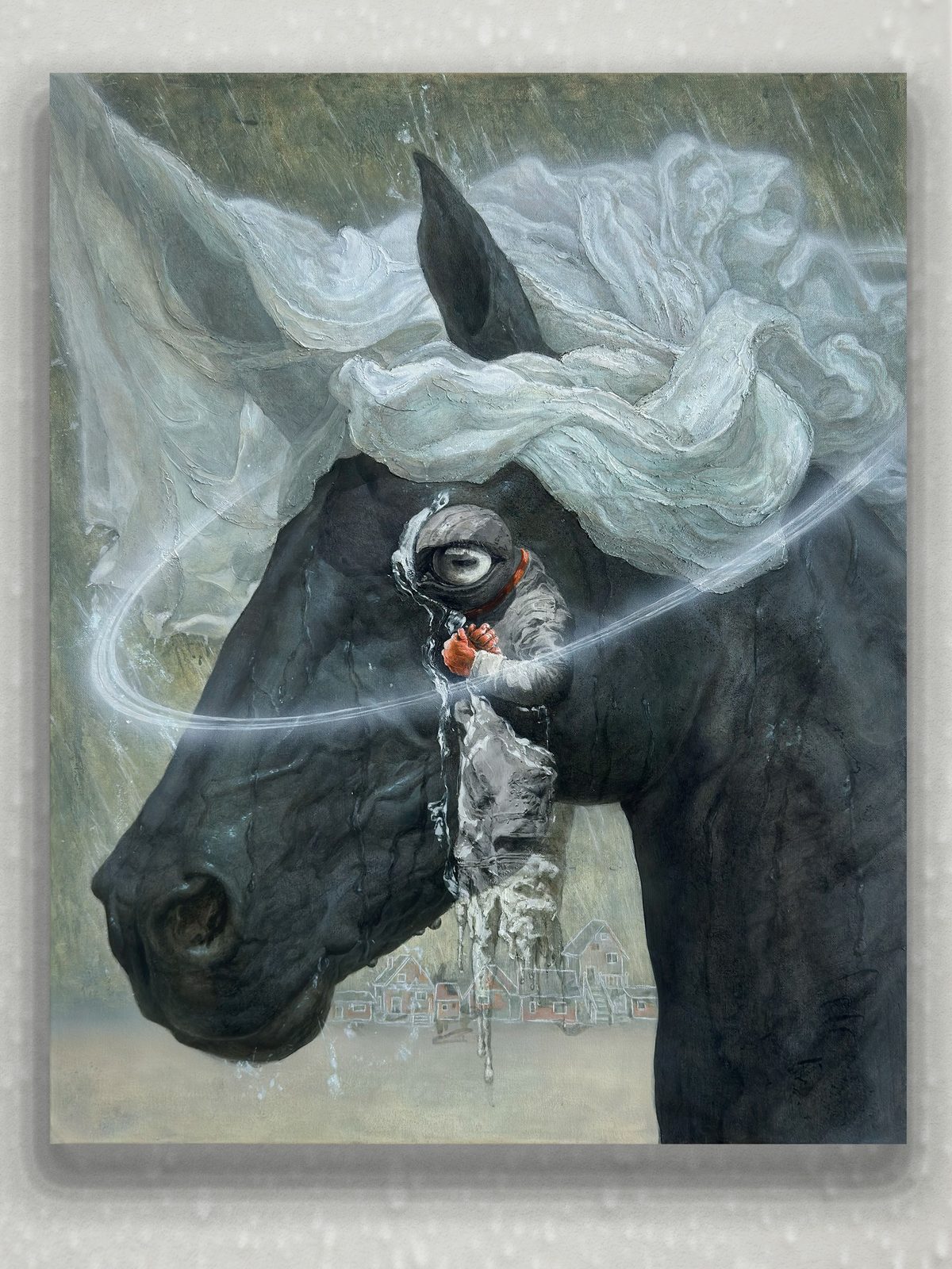 Space Tears, a painting by Huaixuan Xiang of a dark horse with a white veil-like mane and a small helmeted figure, mounted on a wall