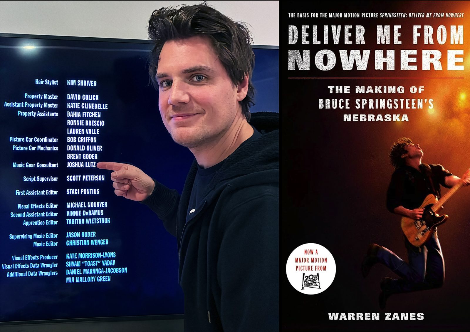 Joshua M. Lutz pointing at his Music Gear Consultant credit in the end credits of Deliver Me From Nowhere, beside the cover of the book the film is based on