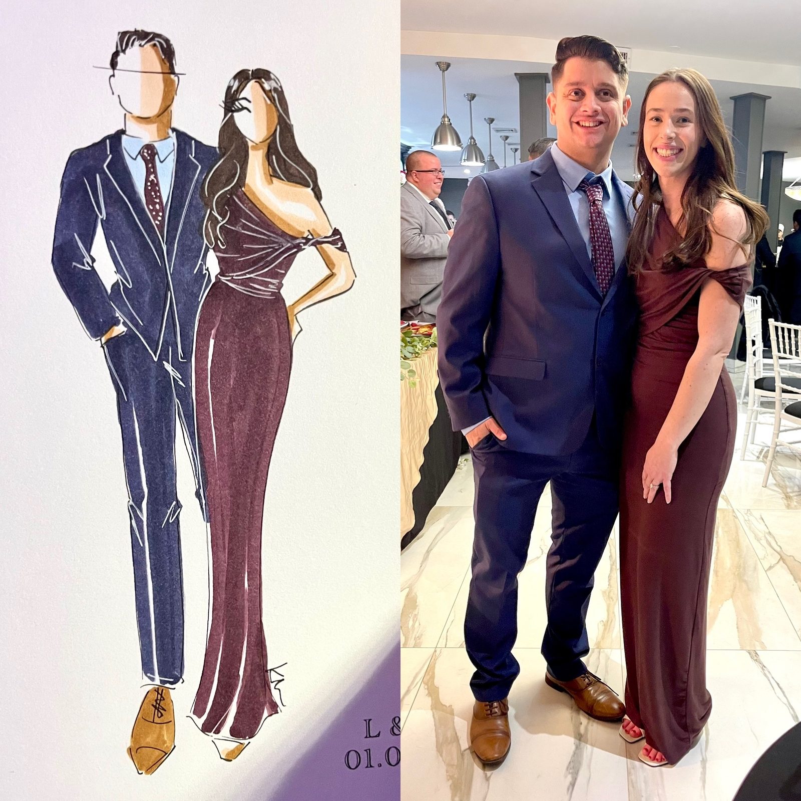 A Sketchbook live sketch of a couple in a navy suit and burgundy gown, shown beside the photo of the couple it was drawn from