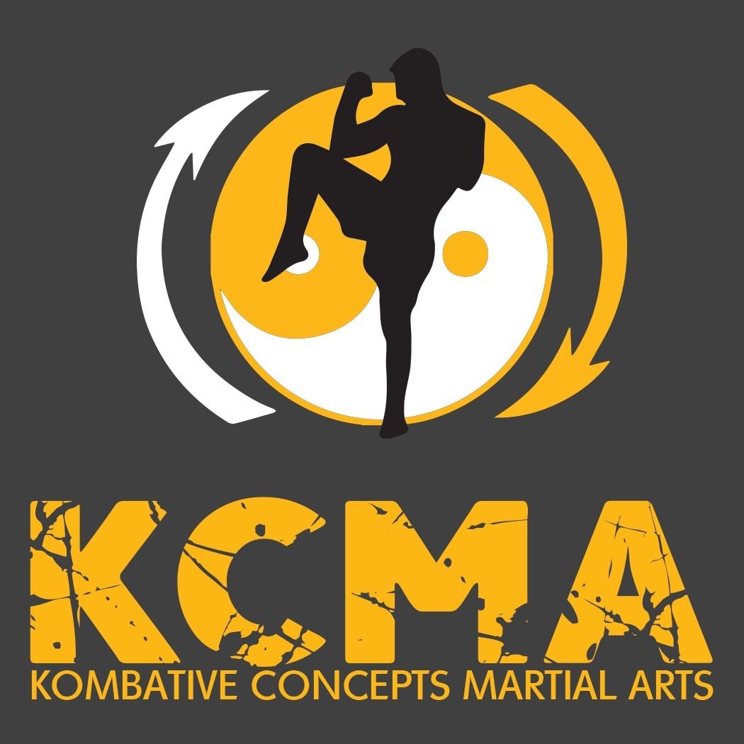 Kombative Concepts Martial Arts logo: a fighter silhouette in a yellow yin-yang circle above the letters KCMA