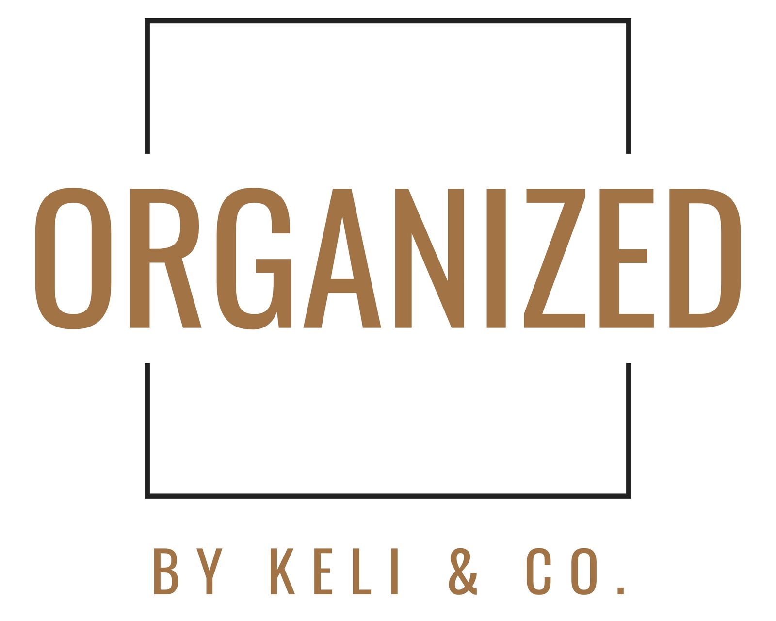 Organized by Keli & Co. logo: ORGANIZED in copper lettering across a black square outline, with BY KELI & CO. below