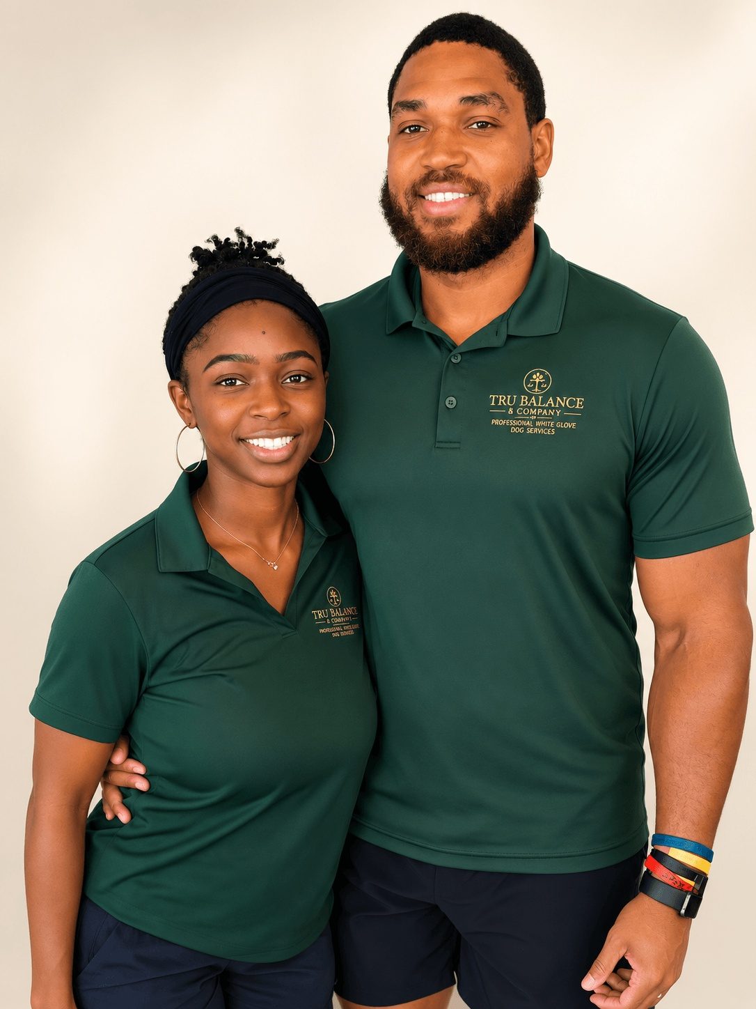 Lance and Monica Felder, co-founders of Tru Balance & Company, side by side in matching green company polos
