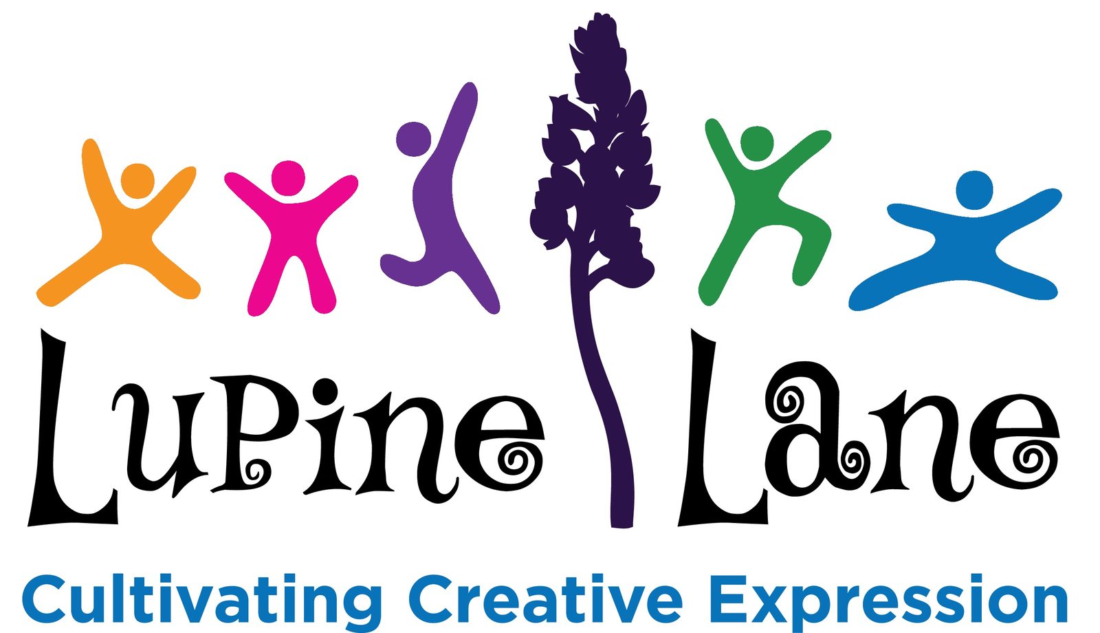 Lupine Lane logo: five colourful jumping figures around a purple lupine flower, with the tagline Cultivating Creative Expression