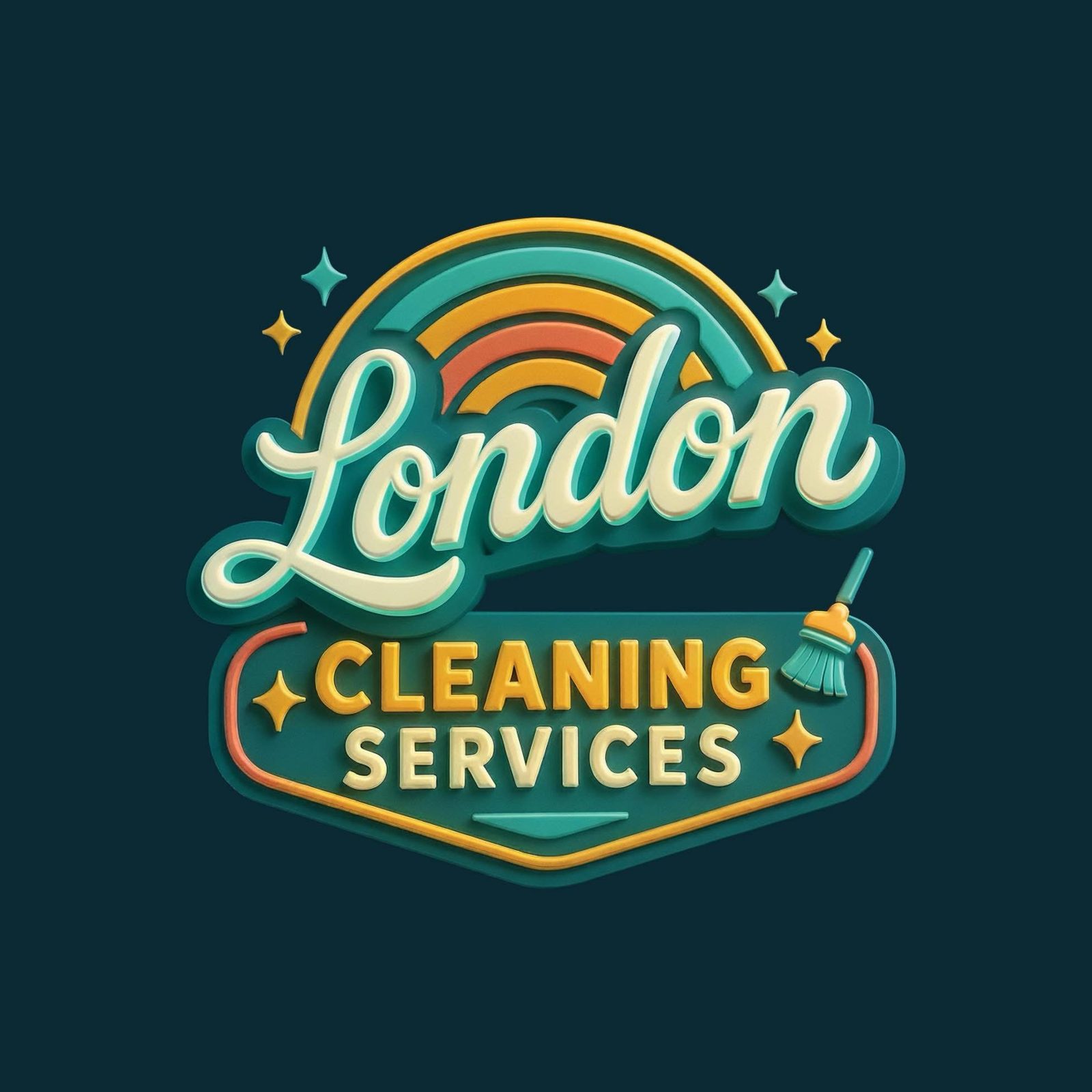 London Cleaning Services logo in teal, yellow and cream with a broom and sparkles
