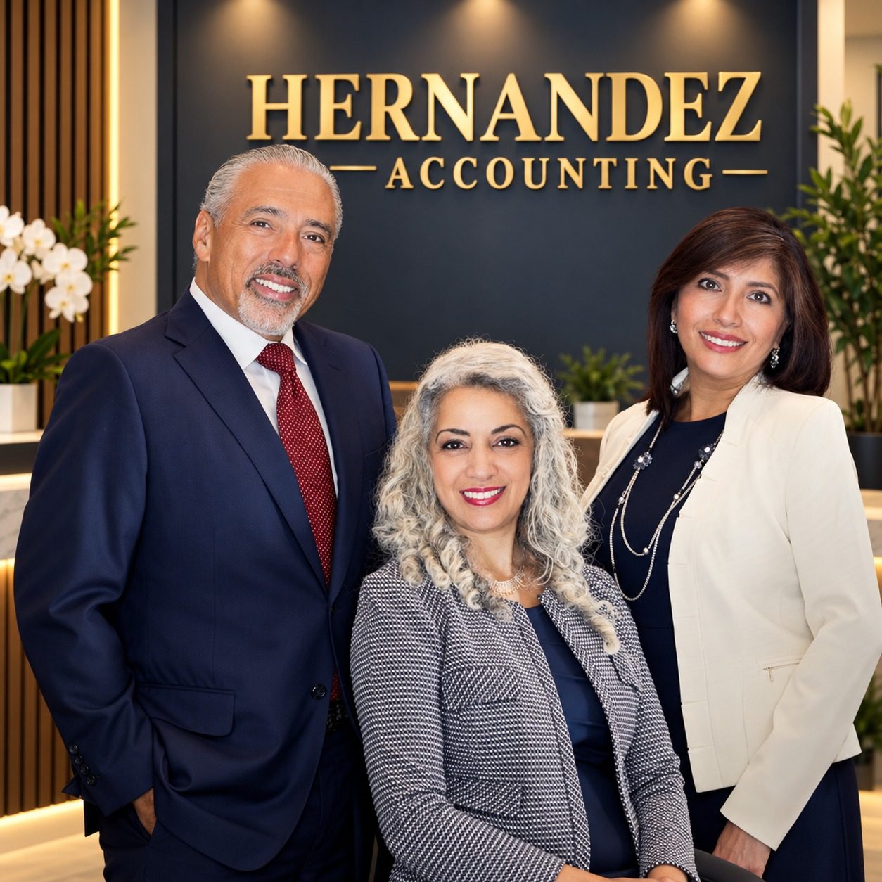 Marcus Hernandez with two colleagues in front of the gold Hernandez Accounting sign