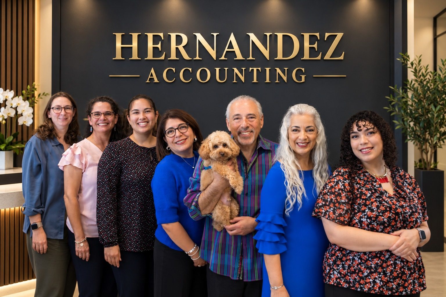 The Hernandez Accounting team of seven, one holding a poodle, in front of the office sign