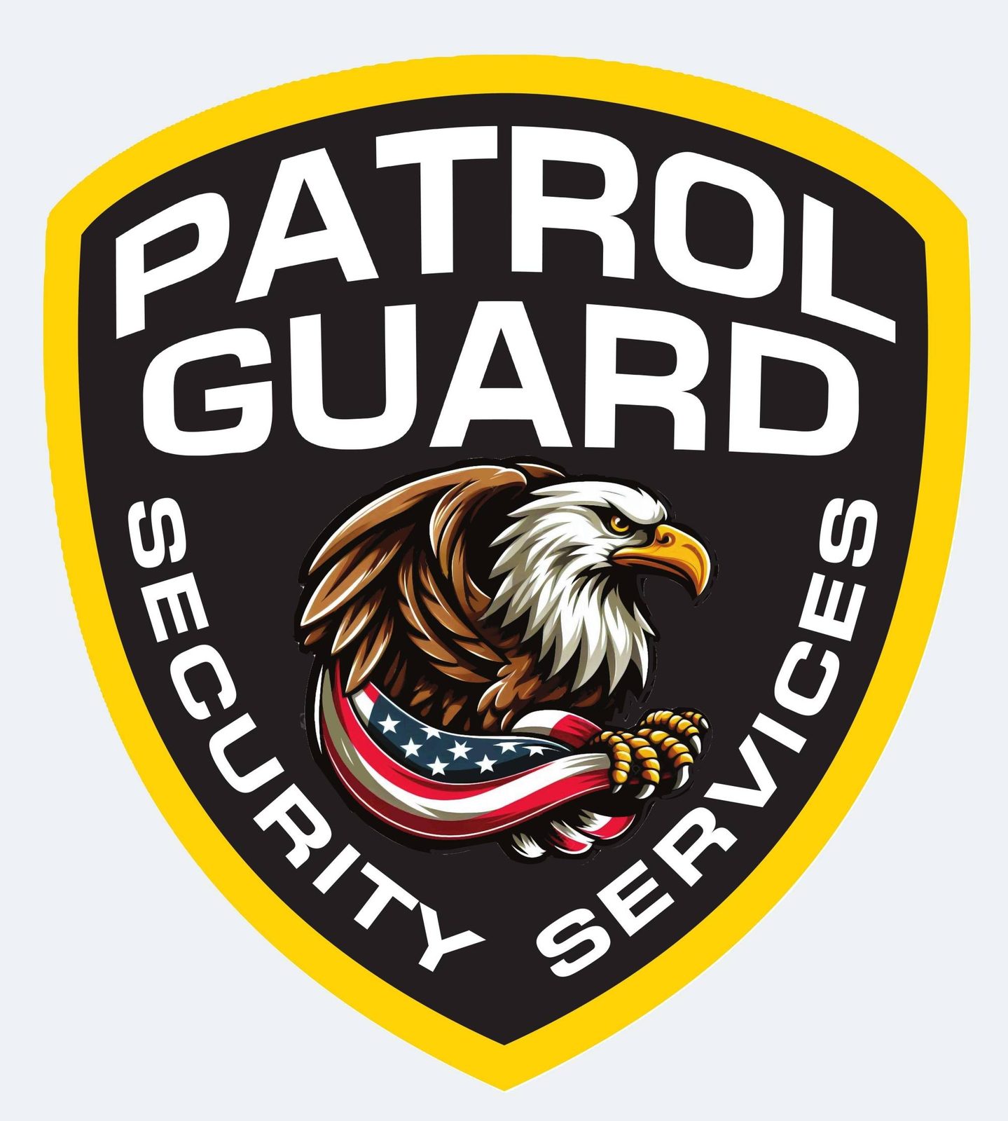 Patrol Guard Security Services badge logo: a bald eagle with the American flag on a black shield with a gold border