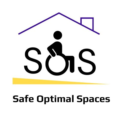 Safe Optimal Spaces logo: a wheelchair user forming the O in SOS beneath a purple roofline