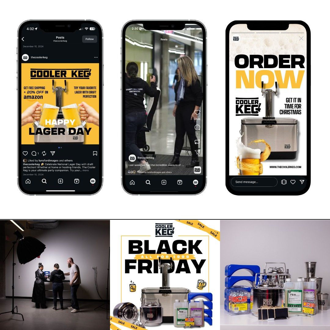 Phone mockups of Instagram posts and studio product photos from a Cooler Keg social media campaign