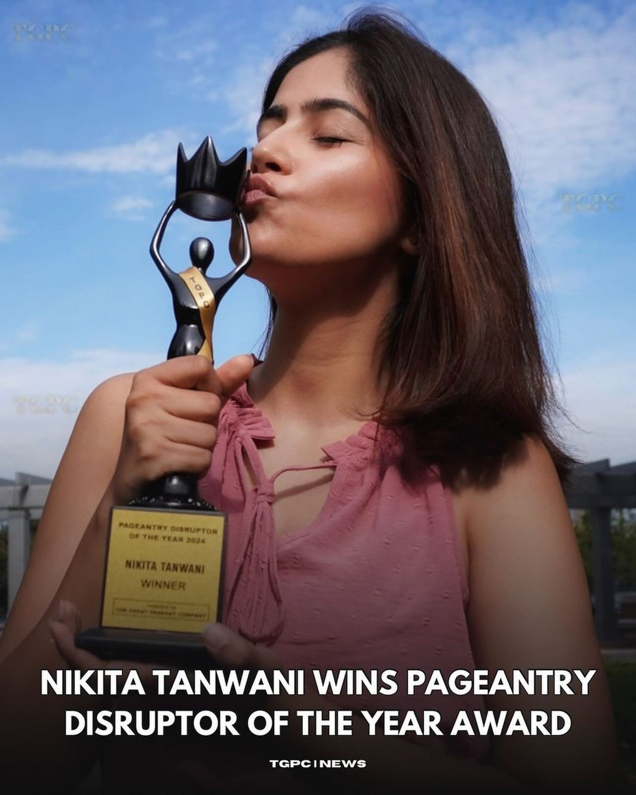 Nikita Tanwani kissing a trophy under the headline Nikita Tanwani wins Pageantry Disruptor of the Year award