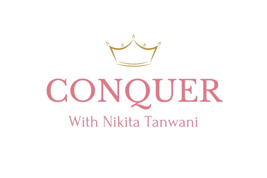 CONQUER With Nikita Tanwani logo: a gold crown above CONQUER in rose lettering