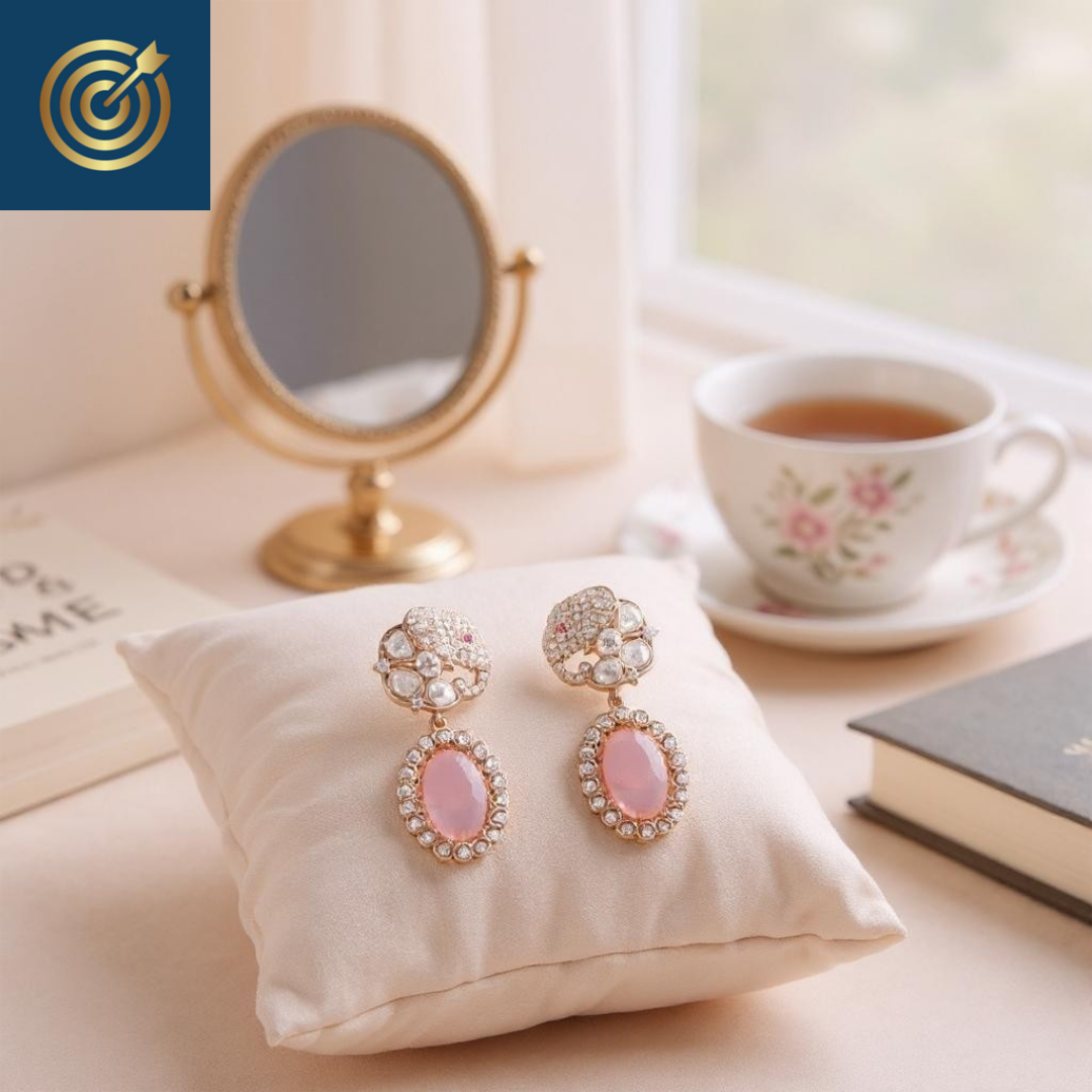 A pair of ornate pink and pearl earrings with rhinestones, placed on a white pillow on a vanity tabletop. In the background, there is a cup of tea in a floral teacup and saucer, a small round mirror, a book, and a window with natural light.