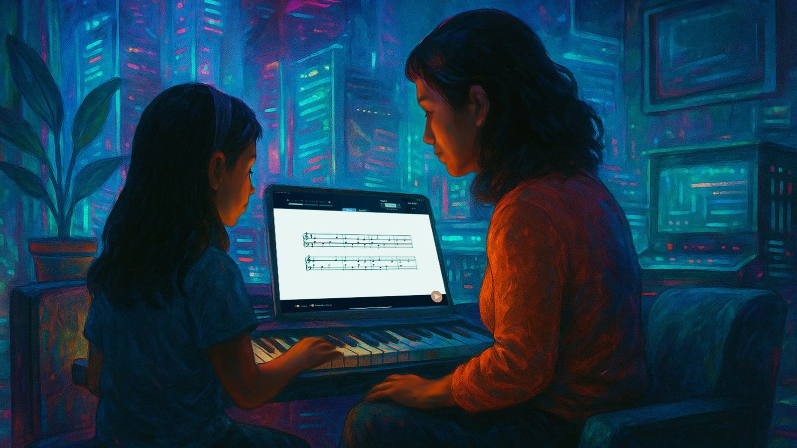 An adult woman and a young girl sitting together at a digital piano with a music score displayed on a screen, in a modern, neon-lit room with a cityscape view in the background.