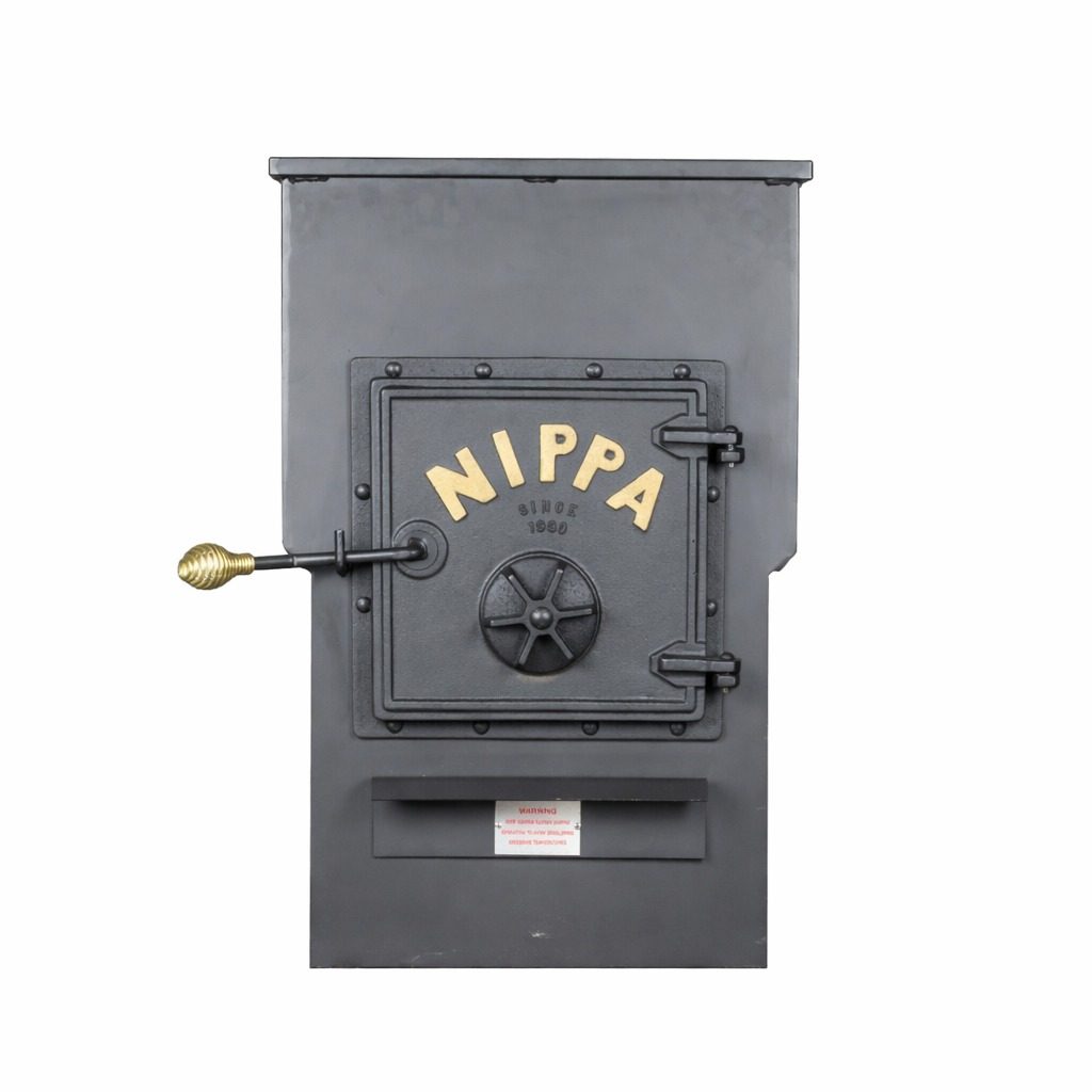 A black Nippa wood-burning sauna stove with a cast iron door lettered NIPPA and a brass-handled damper