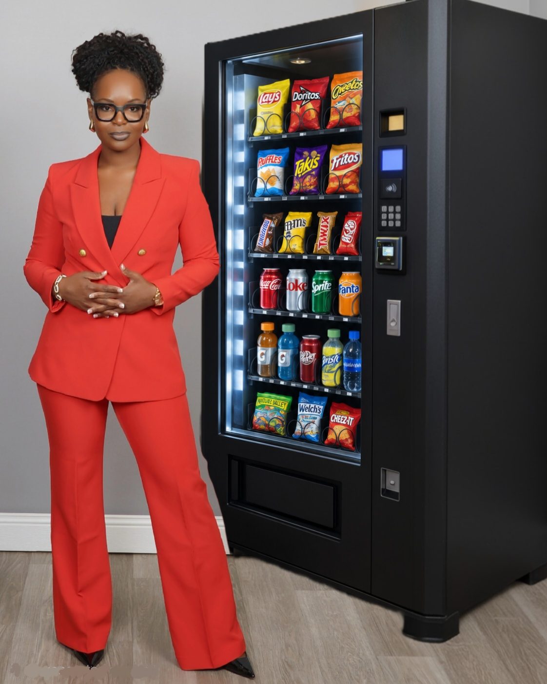 Priscilla Peete in a red suit standing beside a black Peete Vending machine stocked with snacks and drinks