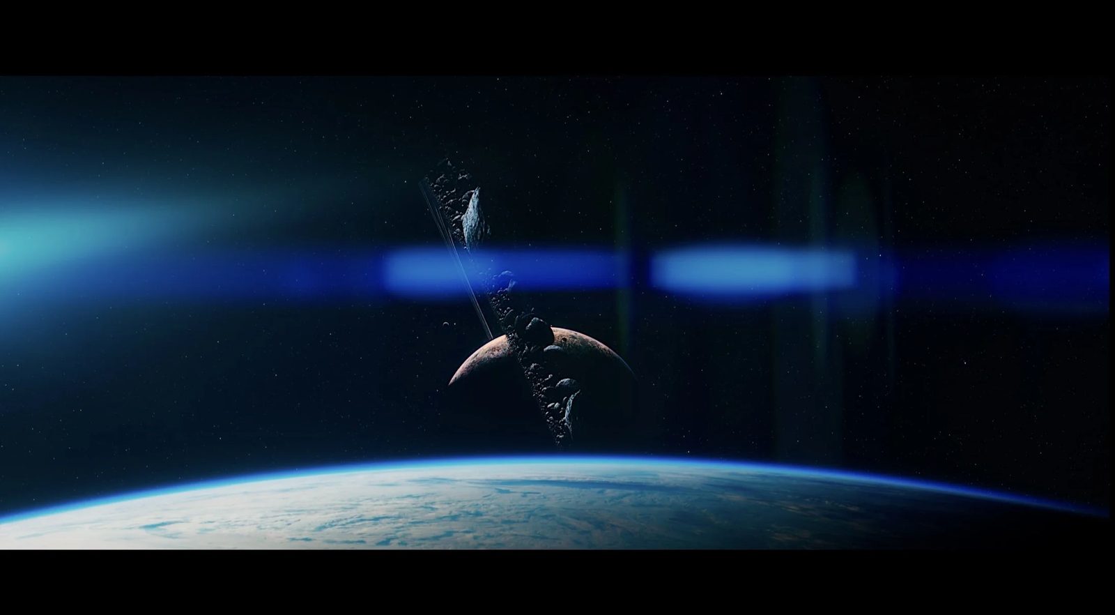 Artist's illustration of a giant asteroid approaching Earth from space, with space debris and stars around.