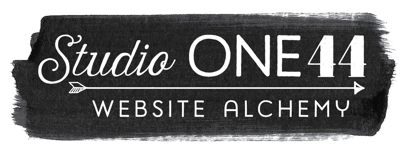 Studio One44 logo: the words Studio One44 and Website Alchemy in white on a black brushstroke