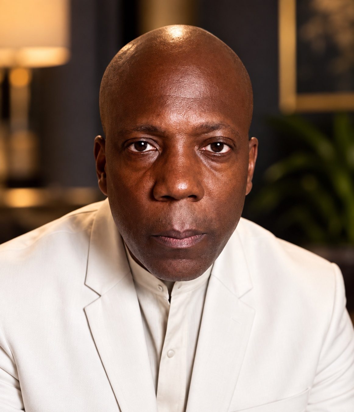Sheldon Woodson, founder of Woodson's World Studios, in a white jacket looking straight into the camera