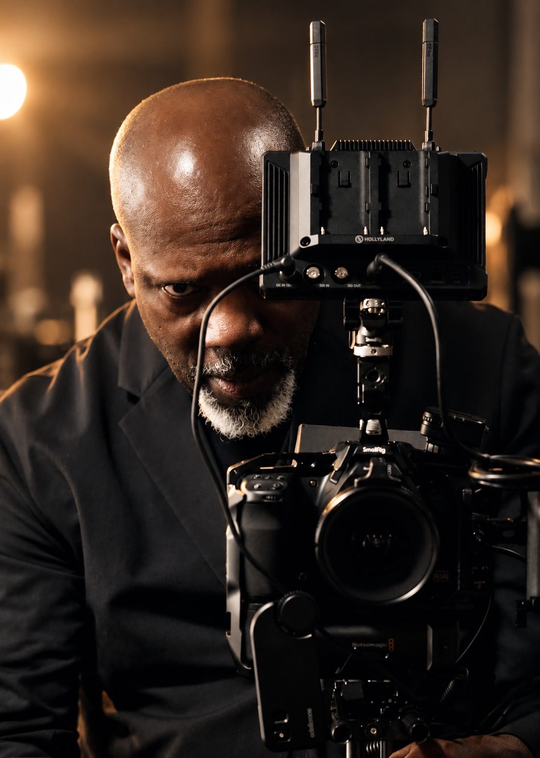 Sheldon Woodson directing from behind a cinema camera rig in warm low light