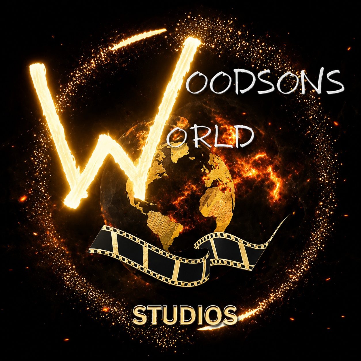 The Woodson's World Studios logo: a gold W over a globe and a strip of film, ringed in sparks