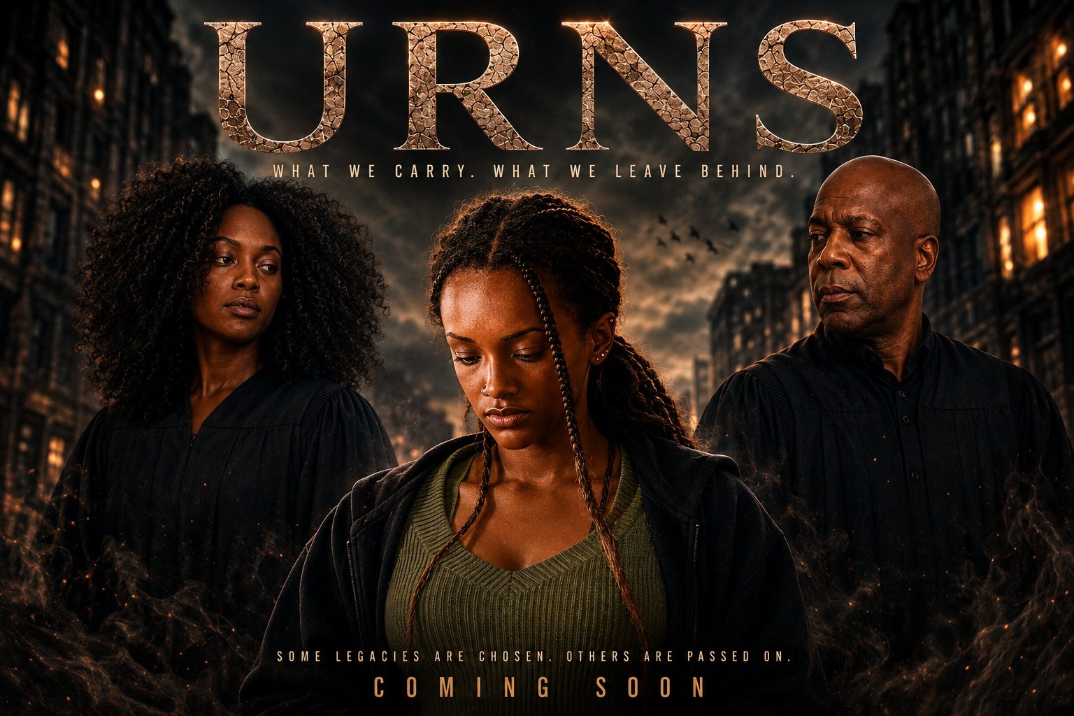 Poster for the short film URNS: three family members under a stormy sky, with the line What we carry, what we leave behind