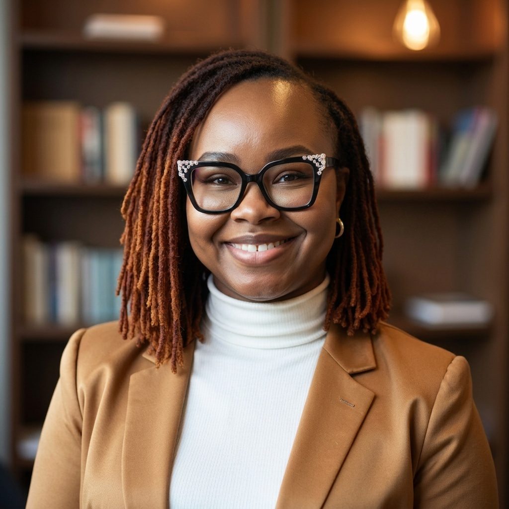 Stesha Jean-Baptiste, founder of Sketch & Pen Co., in glasses and a camel blazer in front of bookshelves
