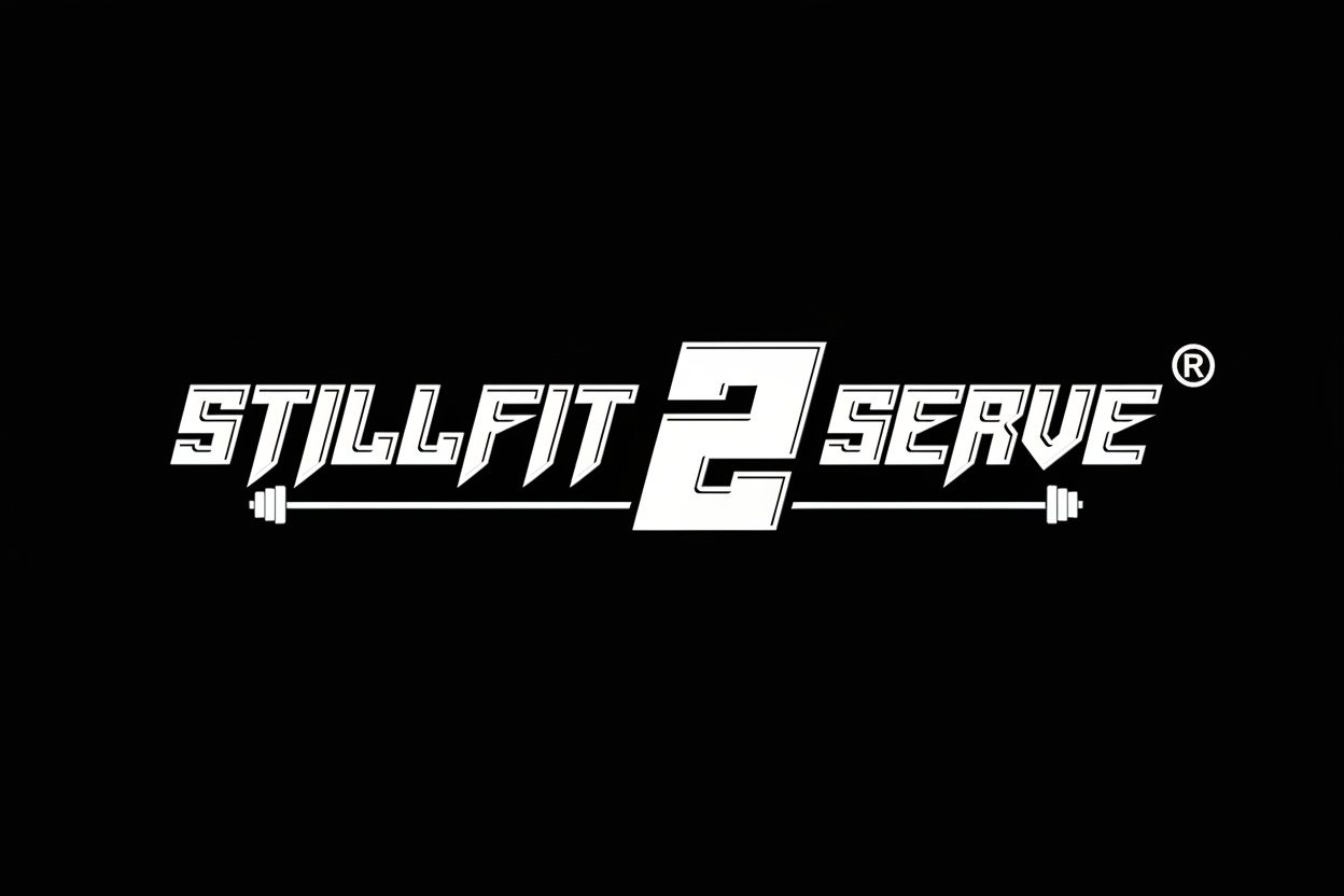 The Still Fit 2 Serve logo: white lettering around a large 2, with a barbell underneath, on black