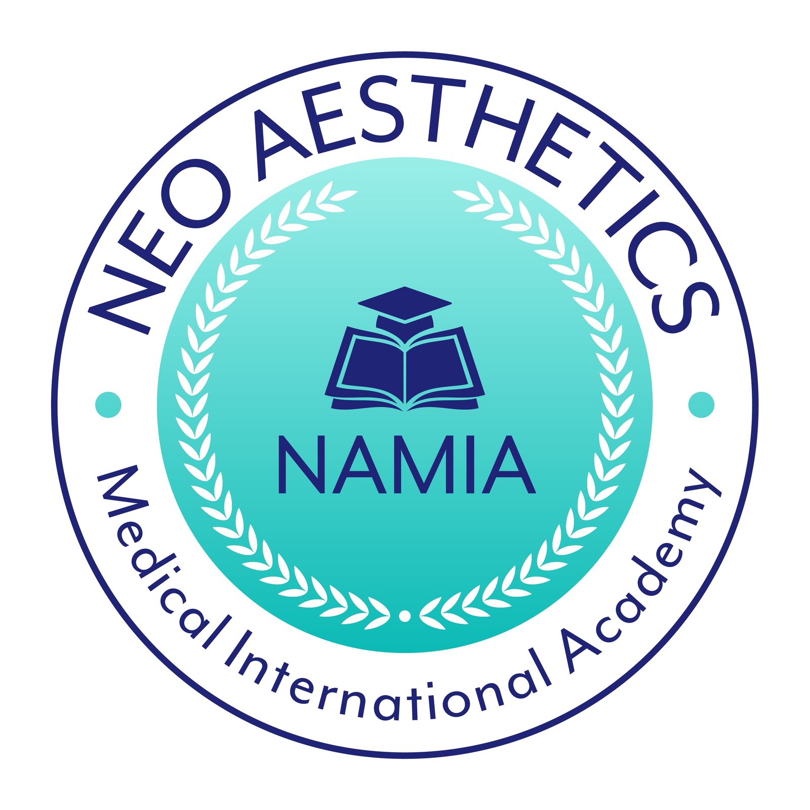 Neo Aesthetics and Medical International Academy logo: an open book and graduation cap inside a teal laurel wreath with the letters NAMIA