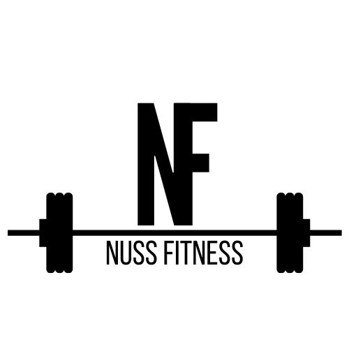 Nuss Fitness logo, the letters NF above a barbell