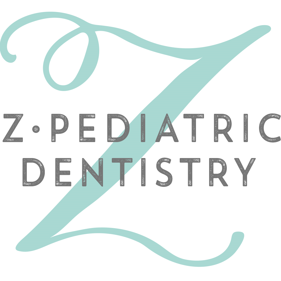 Z Pediatric Dentistry logo, a mint script letter Z behind grey capital lettering